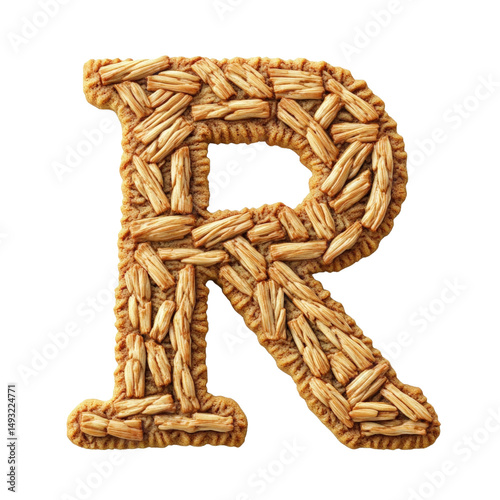 Creative letter R made from woven straw or wheat stalks with detailed texture and natural colors