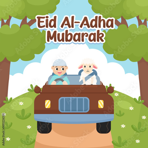 A boy and his sacrificial sheep are riding in a car to celebrate Eid al-Adha.