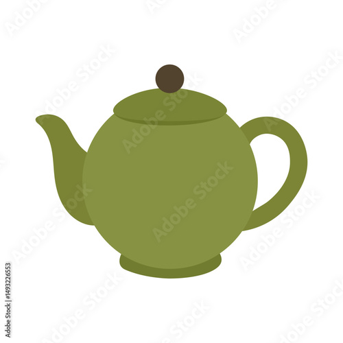 Minimalistic green teapot with rounded shape, spout, handle, and lid for kitchen design. Vector illustration