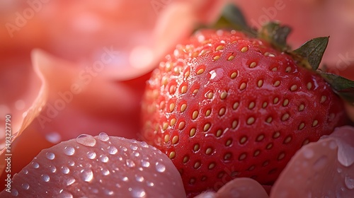A macro shot of strawberry skin and vintage flower petals, close-up details, dewdrops, blurred rustic background, soft natural light. Created Using: macro photography simulation, high detail,