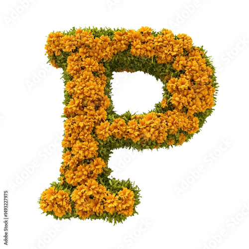 Artistic floral display shaped like the letter P made of vibrant yellow marigold flowers with green foliage background