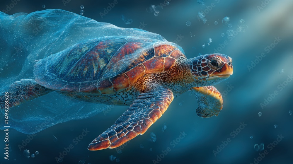 Fototapeta premium Sea Turtle Mistaking Plastic Bag for Jellyfish – Underwater Environmental Crisis