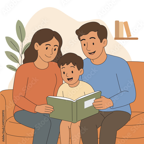 Illustration of a happy family reading a book together on a couch, representing bonding, education, and quality time.