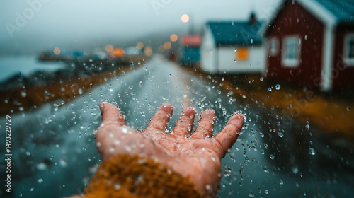 Cinematic First-Person Shot of Hand Reaching into the Rain in a Quiet Mountain Town – Emotional Moody Scene with Realistic Lighting and Dramatic Atmosphere