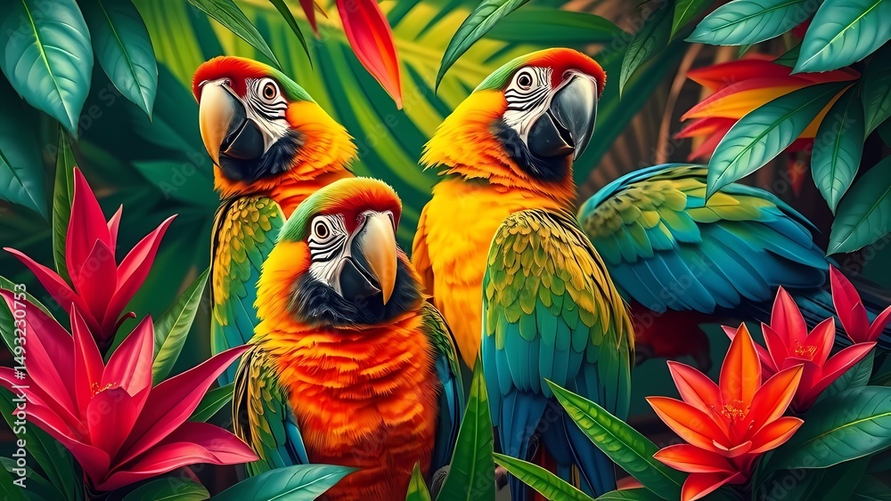 Fototapeta premium Vibrant tropical backdrop features colorful parrots amidst lush exotic foliage, creating a lively scene.