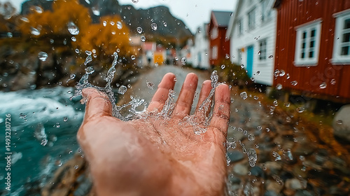 Cinematic First-Person Shot of Hand Reaching into the Rain in a Quiet Mountain Town – Emotional Moody Scene with Realistic Lighting and Dramatic Atmosphere