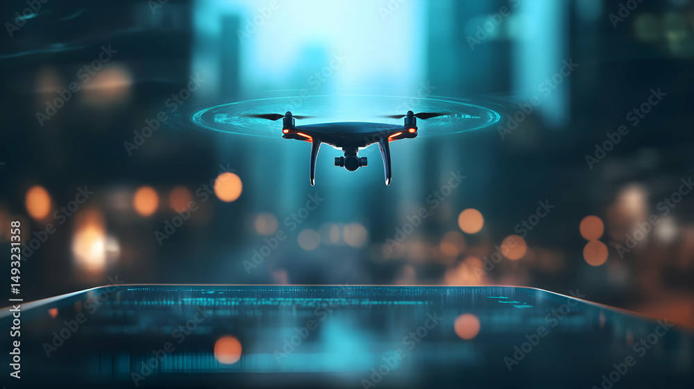 Fototapeta premium High-Tech Drone Flying Over Urban Landscape at Night with Lights