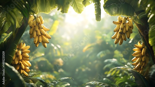 A tropical jungle border with bananas hanging and monstera leaves surrounding, lush green foliage in background, misty air, sunbeams piercing through. Created Using: digital painting, jungle realism,
