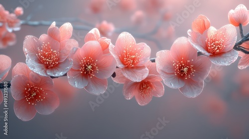 Fototapeta Naklejka Na Ścianę i Meble -  Delicate cherry blossom branch with pale pink flowers blooming against a soft, neutral backdrop.