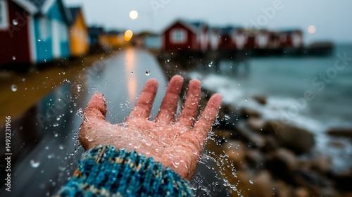 Cinematic First-Person Shot of Hand Reaching into the Rain in a Quiet Mountain Town – Emotional Moody Scene with Realistic Lighting and Dramatic Atmosphere
