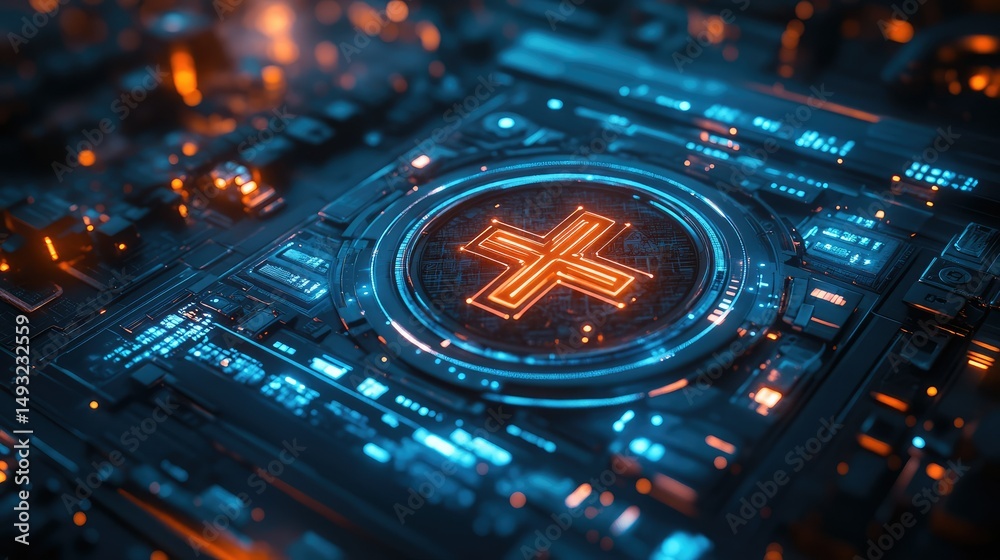 Fototapeta premium Glowing cross symbol on futuristic circuit board