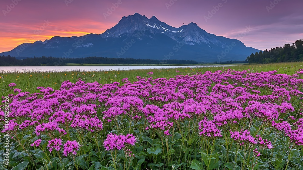 Obraz premium Majestic Mountain Sunset Over a Serene Lake with Vibrant Purple Flowers in Bloom