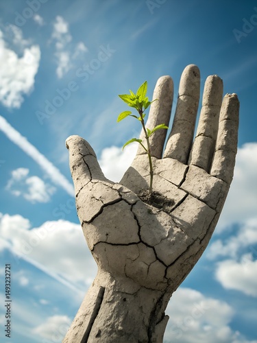 Cracked Stone Hand Holding Green Plant Against Blue Sky.	Realistic image of an upright weathered stone hand sculpture with deep cracks, holding a young green plant growing from its palm.