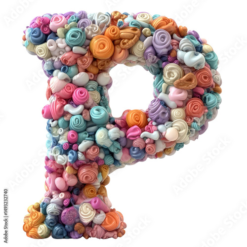 Colorful letter P made of various small pastel decorative roses and floral elements on white background