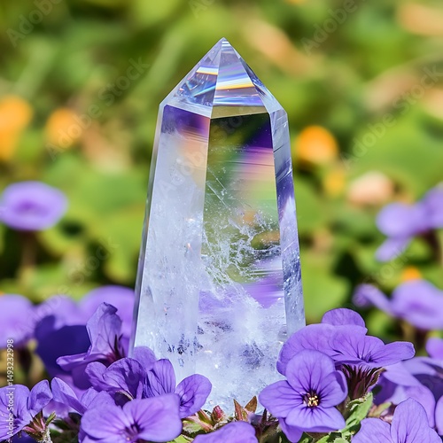 Clear Quartz Crystal Point Towering Amidst Vibrant Purple Flowers in a Sunny Garden photo