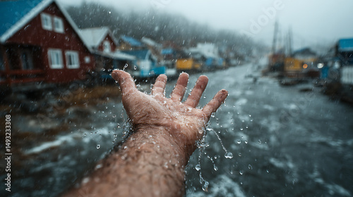 Cinematic First-Person Shot of Hand Reaching into the Rain in a Quiet Mountain Town – Emotional Moody Scene with Realistic Lighting and Dramatic Atmosphere