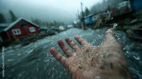 Cinematic First-Person Shot of Hand Reaching into the Rain in a Quiet Mountain Town – Emotional Moody Scene with Realistic Lighting and Dramatic Atmosphere