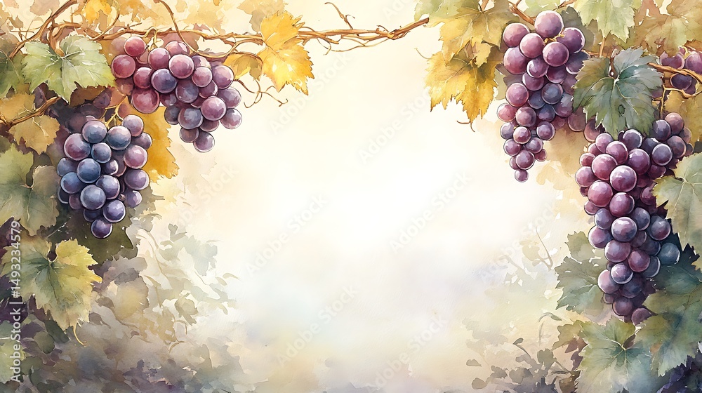 A watercolor painting of an elegant grapevine border with purple and green grapes, delicate tendrils, soft vineyard background, golden sunlight. Created Using: watercolor brushes,