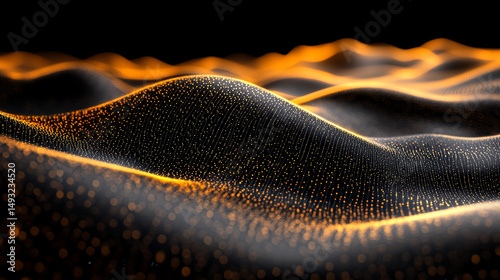 Abstract digital landscape of undulating hills with glowing particles