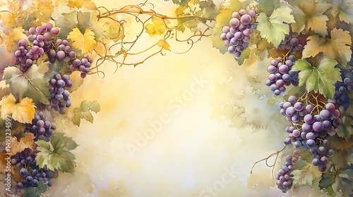 Obraz na płótnie A watercolor painting of an elegant grapevine border with purple and green grapes, delicate tendrils, soft vineyard background, golden sunlight. Created Using: watercolor brushes, w salonie