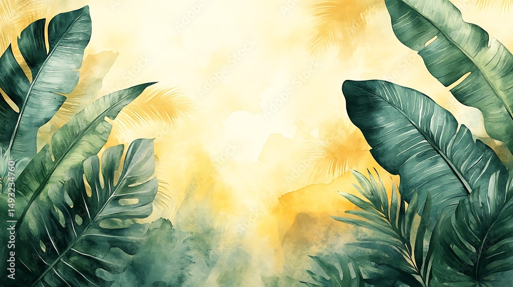A watercolor painting of banana and monstera leaf tropical border, vivid yellows and deep greens, soft jungle background, warm diffused sunlight. Created Using: watercolor brushes,