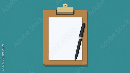 Clipboard and Pen on Teal Surface Blank Paper Ready for Notes Thoughts and Creative Writing Tools