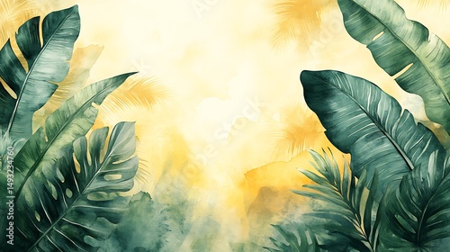 Obraz na płótnie A watercolor painting of banana and monstera leaf tropical border, vivid yellows and deep greens, soft jungle background, warm diffused sunlight. Created Using: watercolor brushes, w salonie