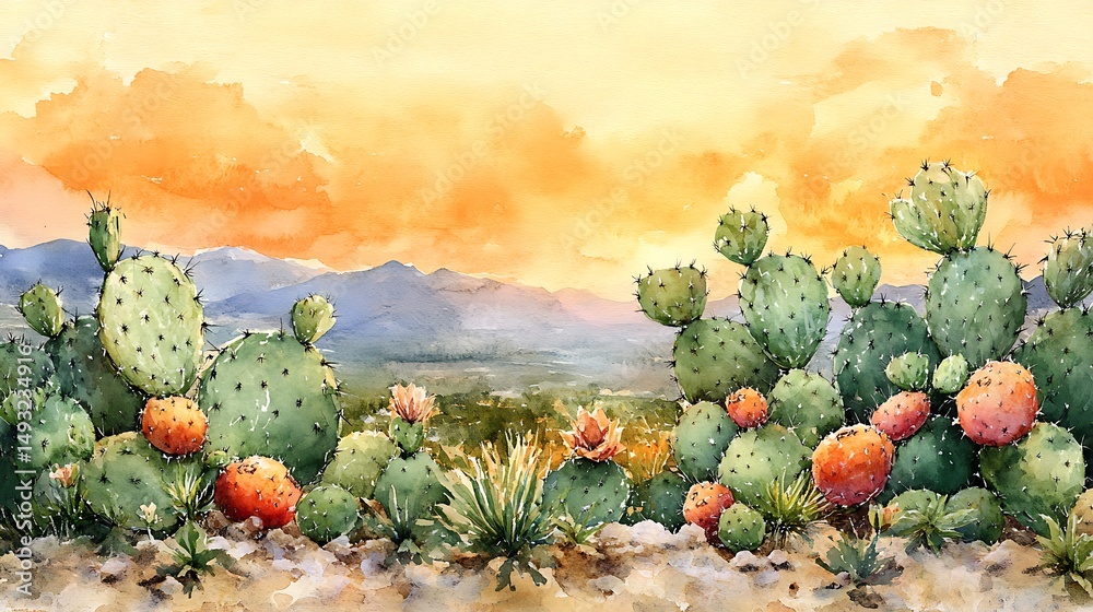 A watercolor painting of cactus and prickly pear fruit forming a southwestern border, vibrant green and magenta tones, near a soft desert sunset background. Warm orange sky, soft sand textures.