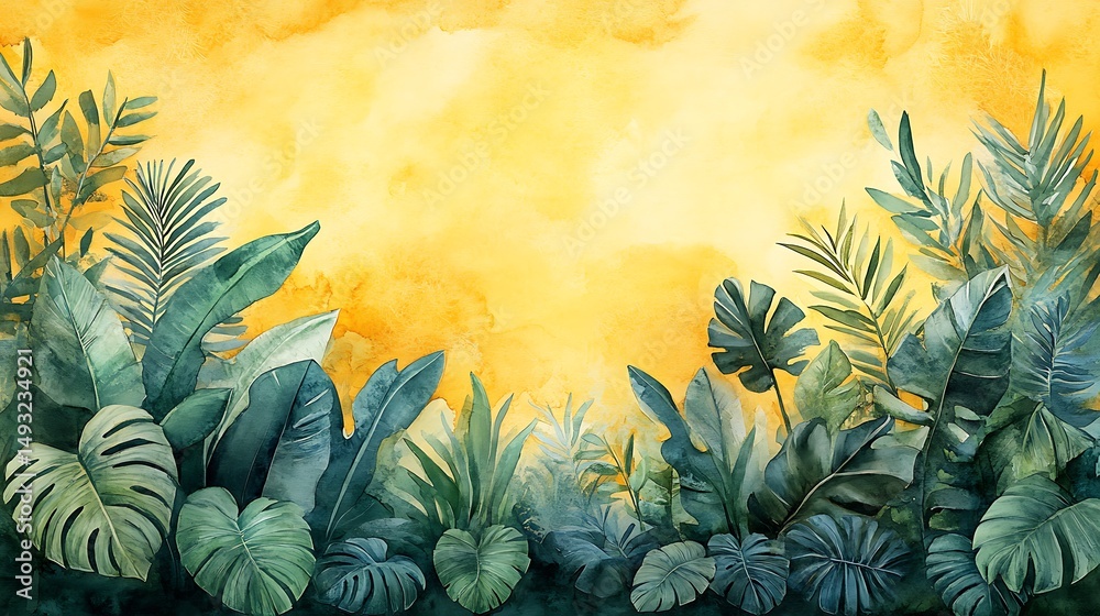 A watercolor painting of banana and monstera leaf tropical border, vivid yellows and deep greens, soft jungle background, warm diffused sunlight. Created Using: watercolor brushes,