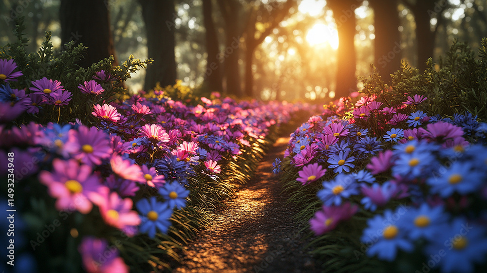 Obraz premium Vibrant flower trail in sunlit forest glowing with pink and purple petals