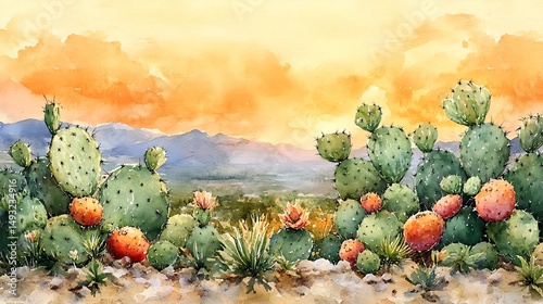 Obraz na płótnie A watercolor painting of cactus and prickly pear fruit forming a southwestern border, vibrant green and magenta tones, near a soft desert sunset background. Warm orange sky, soft sand textures. w salonie