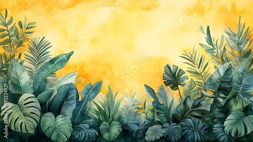 A watercolor painting of banana and monstera leaf tropical border, vivid yellows and deep greens, soft jungle background, warm diffused sunlight. Created Using: watercolor brushes,