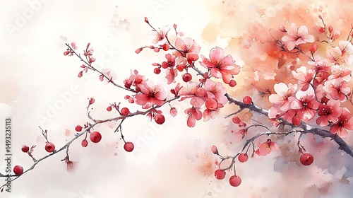 A watercolor painting of cherry blossom and cherry fruit border, soft pinks and reds, delicate branches, light pastel background, glowing sunlight. Created Using: watercolor brushes,