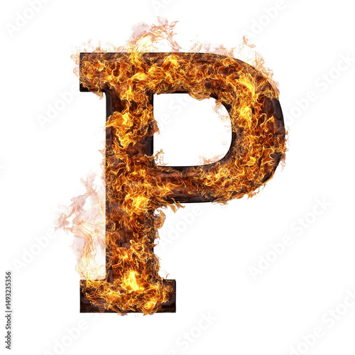 Burning fiery letter P symbol with flames and smoke on a white background for fiery design