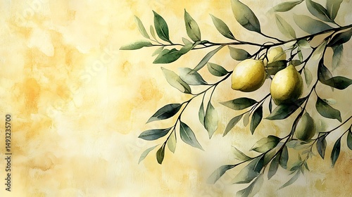 Obraz na płótnie A watercolor painting of lemon and olive branch Mediterranean border, vibrant yellow and green tones, rustic stone background, soft sunlight. Delicate shadows, warm atmosphere. w salonie
