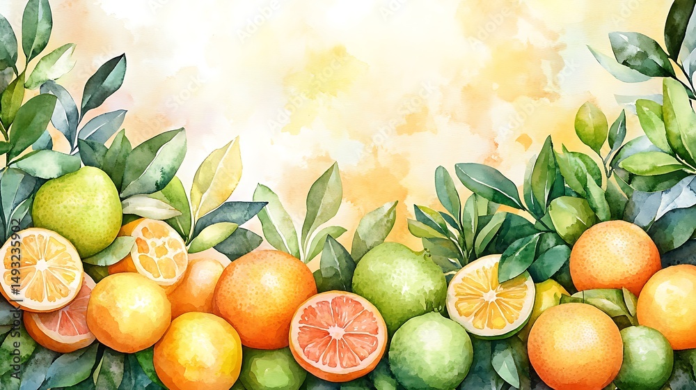 A watercolor painting of oranges, lemons, limes, and green leaves forming a citrus border, bright and fresh colors, soft pastel background, glowing sunlight. Created Using: watercolor brushes,
