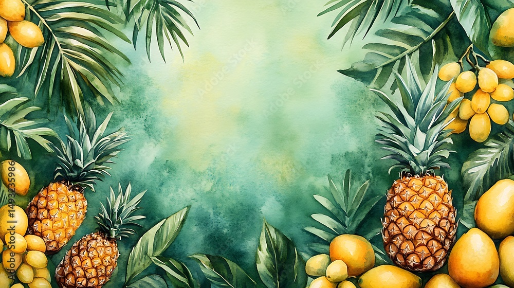 A watercolor painting of pineapples, mangoes, and palm leaves forming a tropical border, vibrant yellows and greens, soft ocean background, glowing sunlight. Created Using: watercolor brushes,