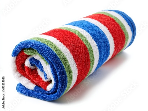 A rolled-up striped beach towel in vibrant red, blue, green, and white. Perfect for summer adventures!