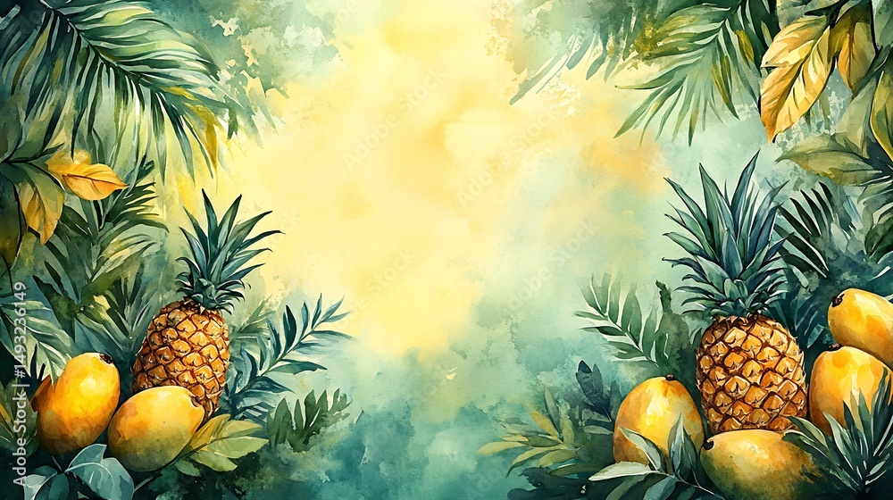 A watercolor painting of pineapples, mangoes, and palm leaves forming a tropical border, vibrant yellows and greens, soft ocean background, glowing sunlight. Created Using: watercolor brushes,