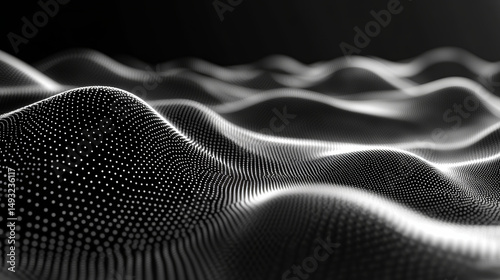 Abstract digital landscape of undulating, connected points.  A grayscale representation of a data-driven terrain