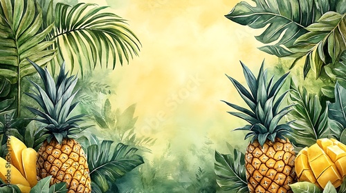 A watercolor painting of pineapples, mangoes, and palm leaves forming a tropical border, vibrant yellows and greens, soft ocean background, glowing sunlight. Created Using: watercolor brushes,
