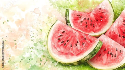 Obraz na płótnie A watercolor painting of watermelon slices and seeds forming a playful summer border, bright pink and green tones, soft picnic background, sunlight sparkle. Created Using: watercolor brushes, w salonie