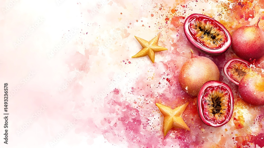 An abstract artistic border made of fragmented passionfruit and starfruit shapes, floating over a soft watercolor splash background. Pastel shades, loose composition, minimal outlines.