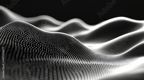 Abstract digital landscape of interconnected points.  A smooth, flowing, wave-like pattern of dots creates a sense of movement and depth