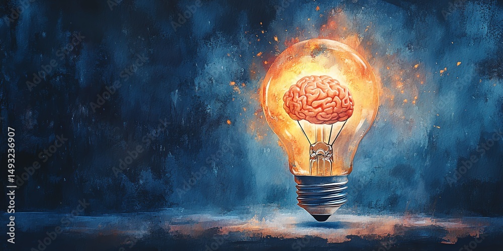 Watercolor illustration of a neonexploding bulb showing a brain inside, isolated clipart design, concept art of brilliant thoughts, imagination, and mental energy