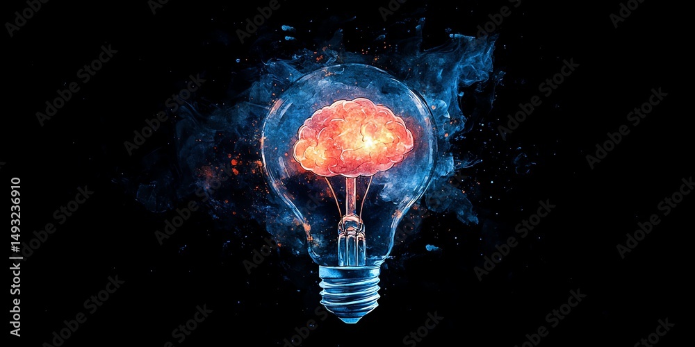 Watercolor illustration of a neonexploding bulb showing a brain inside, isolated clipart design, concept art of brilliant thoughts, imagination, and mental energy