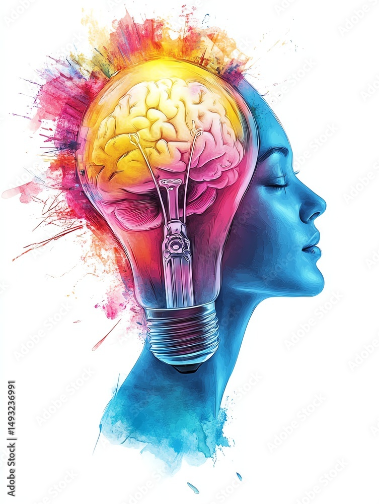 Watercolorstyle lightbulb bursting in electric neon colors, detailed brain visible inside, isolated white background, clipart representing innovation and intellectual breakthrough