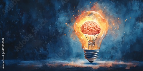 Obraz na płótnie Watercolor illustration of a neonexploding bulb showing a brain inside, isolated clipart design, concept art of brilliant thoughts, imagination, and mental energy w salonie