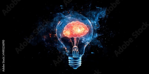 Obraz na płótnie Watercolor illustration of a neonexploding bulb showing a brain inside, isolated clipart design, concept art of brilliant thoughts, imagination, and mental energy w salonie