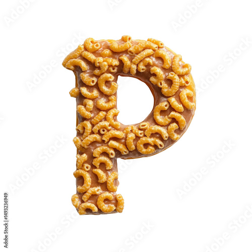 Letter P made from crunchy pasta snacks with detailed golden crispy texture on white background